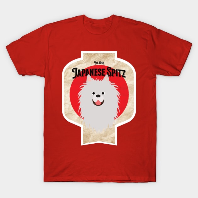 Japanese Spitz - Distressed Japanese Spitz Beer Label Design T-Shirt by DoggyStyles